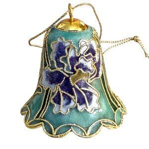 VNG Cloisonné Bell Ornament Teal Floral Design Gold-Tone Accents 2" Tall EUC